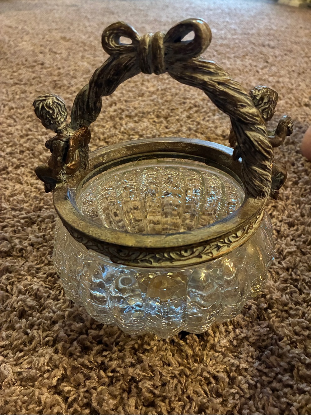 Ornate Glass and Brass Cherub Decorative Bowl - Clear and Gold 9”x 6”